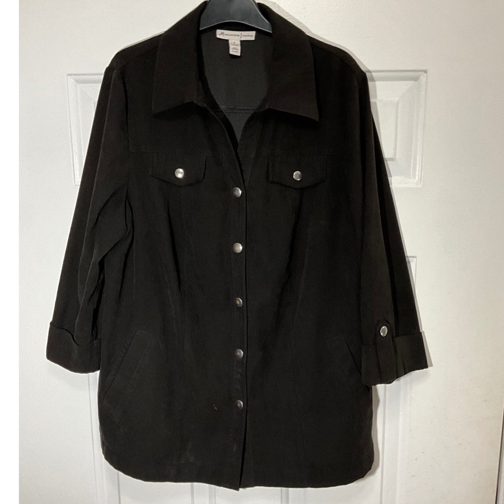 JM Collection Woman Black Faux Suede Button Front Jacket 1X 3/4 Sleeve Pocket